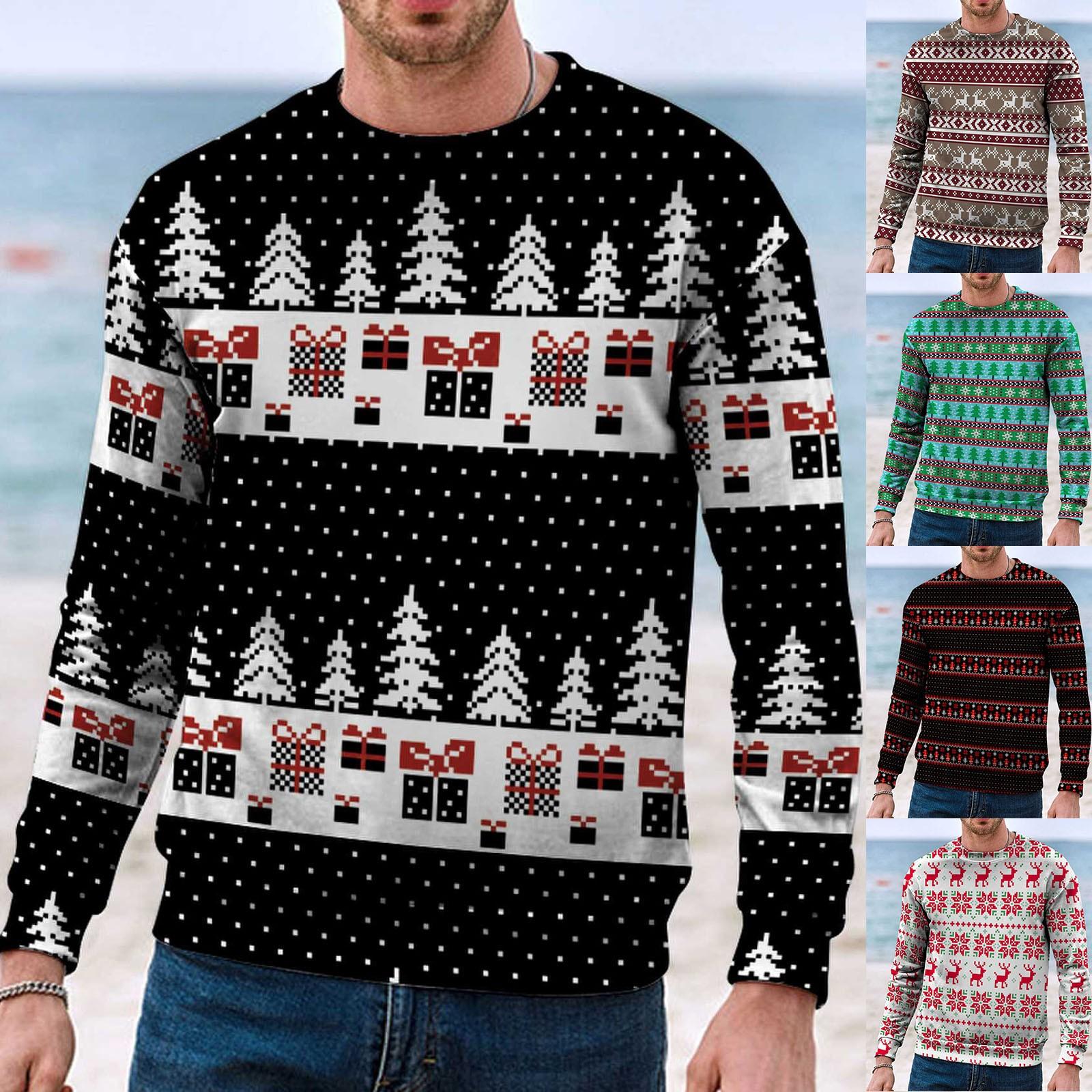 

(Отличный дом)Мужской Повседневный Топ Рождественский Принт Круглый Шея Пуловер Длинный Рукав Свитер