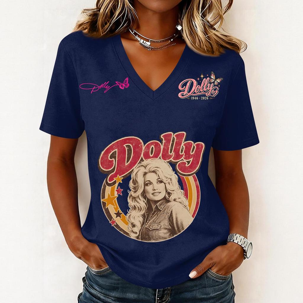 Women's Fashion Casual Letter Print V-Neck Short Sleeve Pullover Top