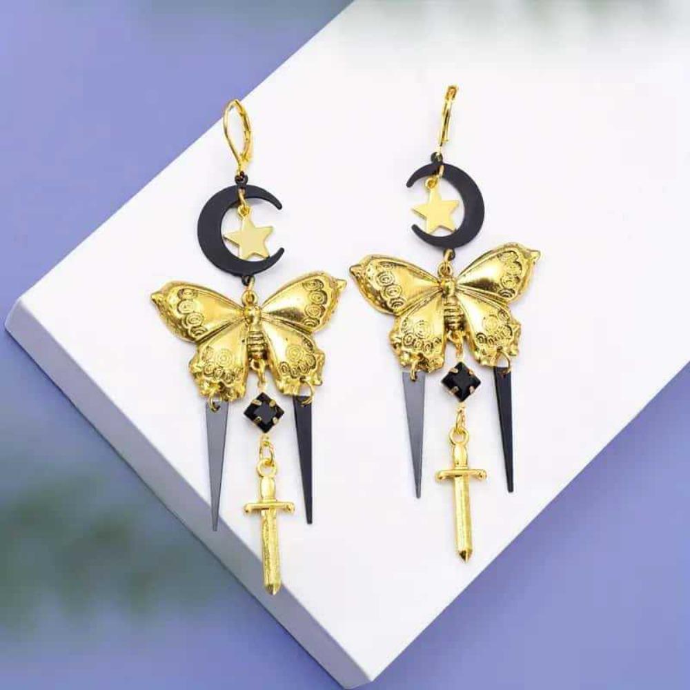 Retro Exaggerated Black Moon Gold Color Butterfly Star Sword-shaped Tassel Pendant Earrings for Women Exquisite Charm Jewelry