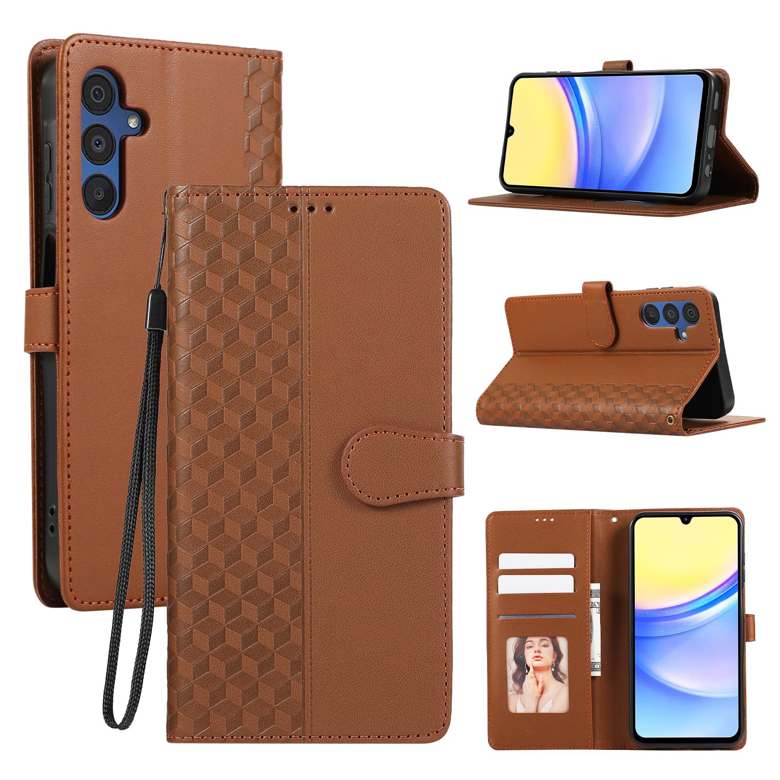 

For Samsung Galaxy A36 5G Case 3D Rhombus Grid Imprinted Wallet Leather Phone Cover with Lanyard Brown