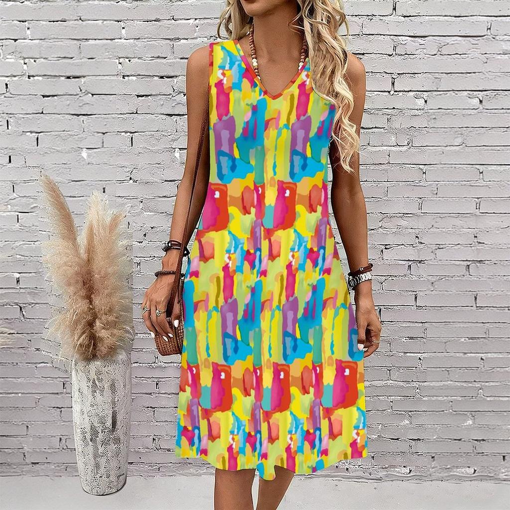 Plus Size V Neck Sleeveless Dress Watercolor Blossom Print For Outdoor Garden Party