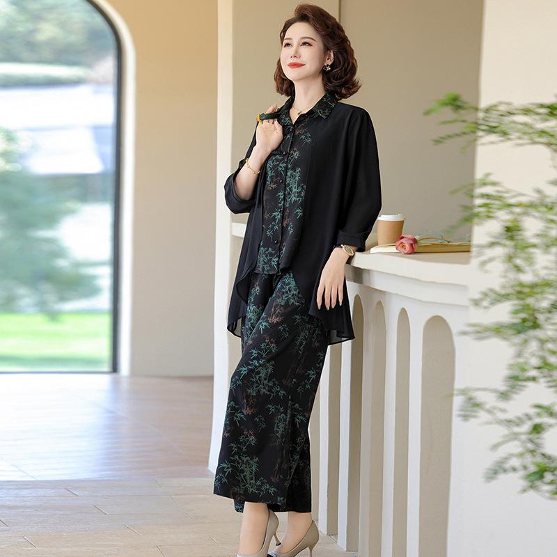 2025 Summer Chinese Style Wide-Leg Pants & Temperament Two-Piece Set for Middle-Aged Women