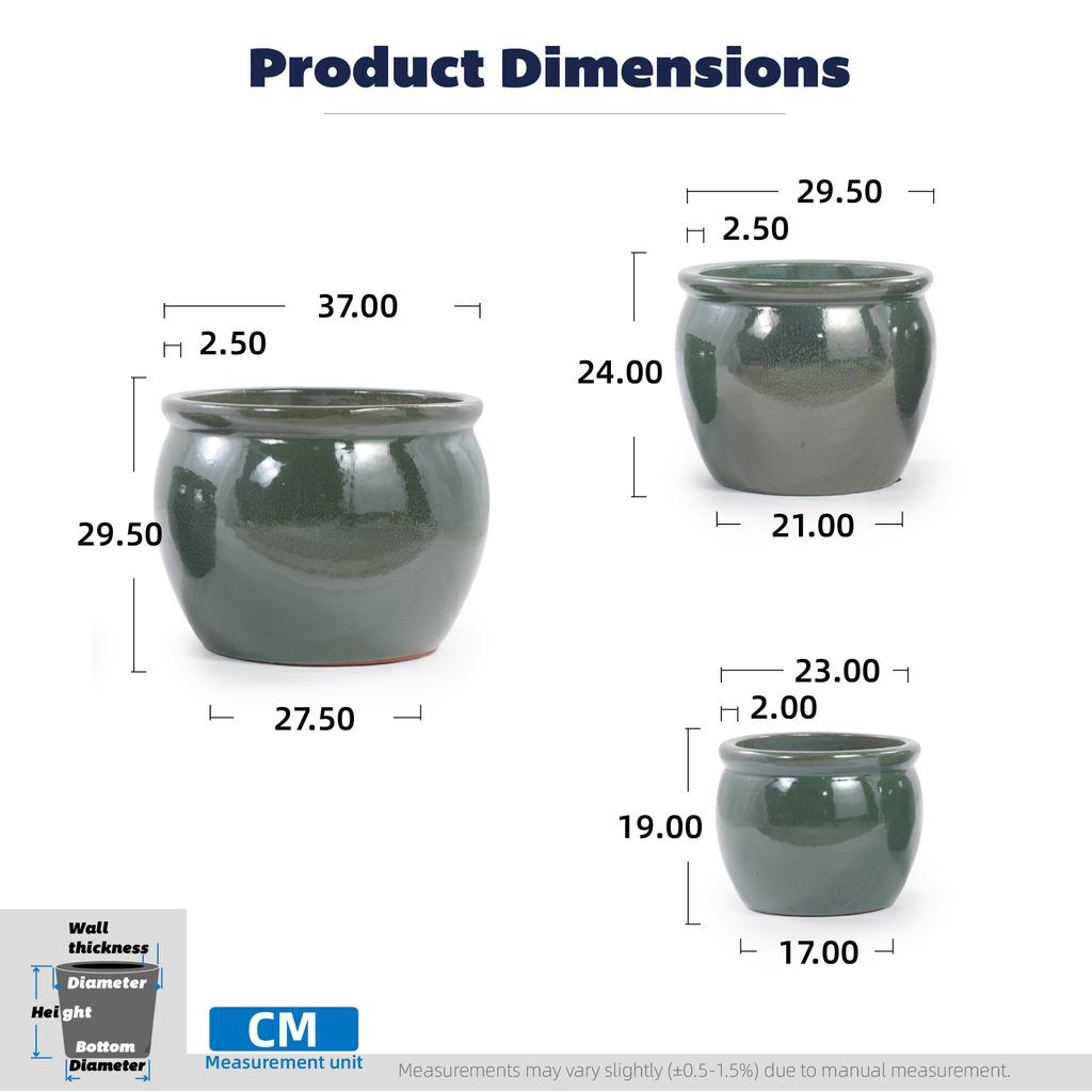 Handmade ceramic plant pot set, 3-piece (Ø 37/30/23 cm), glossy antique blue-green with speckled glaze, frost-resistant, with drainage holes