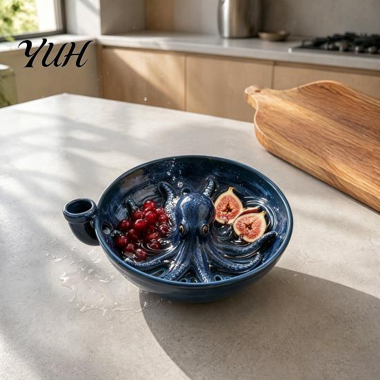 Retro Stijl Fruitschaal Octopusvormig Bessen Wassen met Afvoer Sleuven, Keramische Afspoel Zeef, Decoratieve Groente Zeef voor Bessen En Vruchten