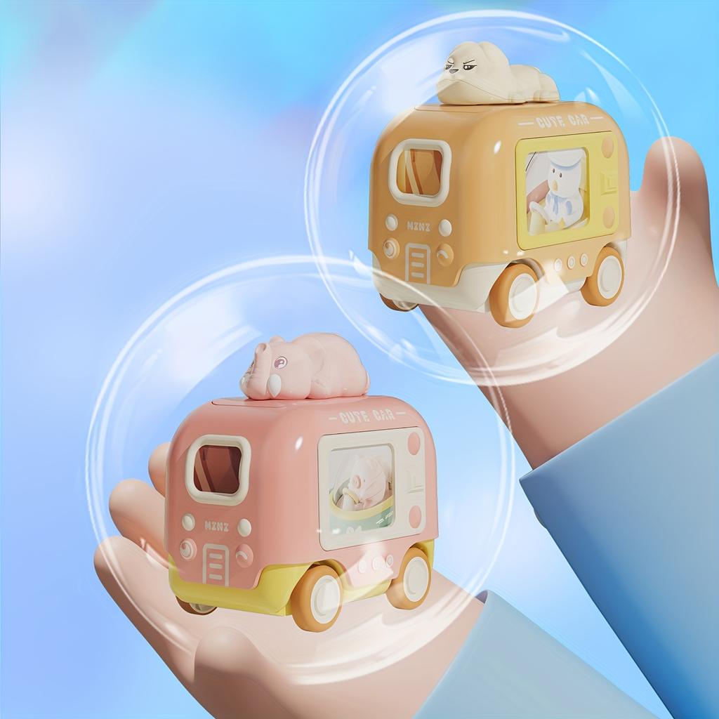 4pcs set of children's press along bus inertial car cartoon animal set, press along car toys birthday, Halloween Christmas gifts