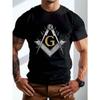 European Size Men'S Casual Masonic Square and Compass Design T-Shirt, Crew Neck Short Sleeve Tee, Slight Stretch Knit Fabric, Geometric Pattern