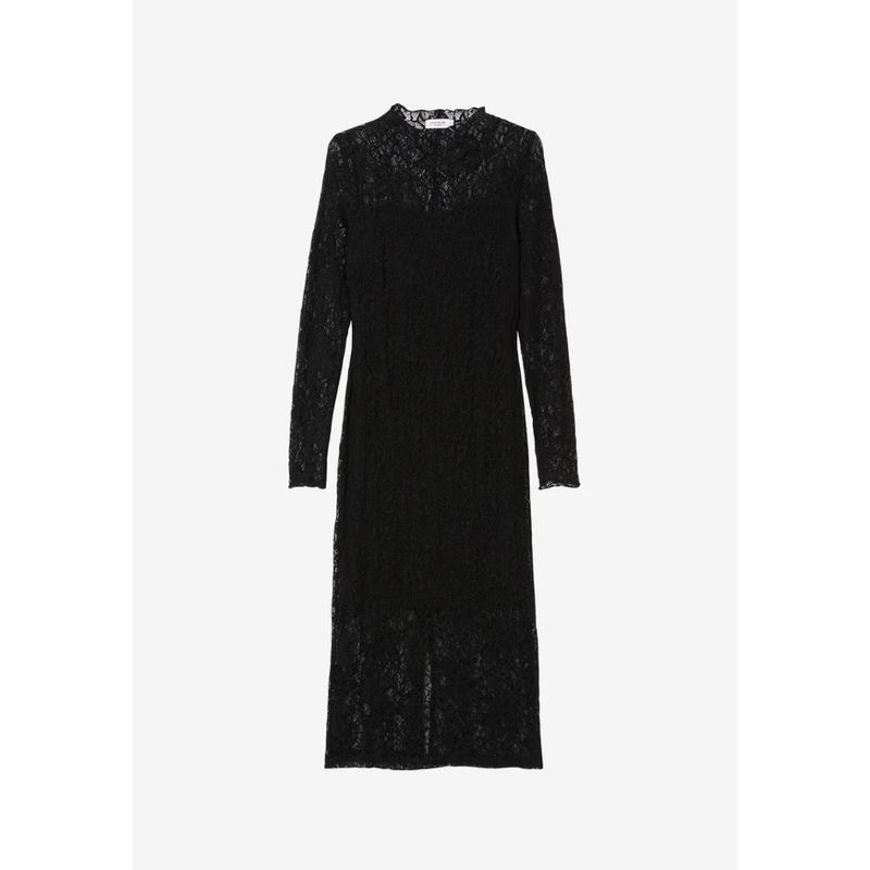 

Swedish Stockh LM Small Stand Collar Design Soft Elastic Lace Long sleeve with Lining Mid-Length Dress Black with lining M