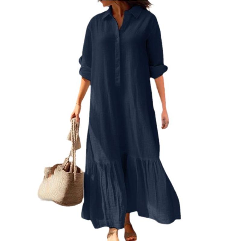 Cotton Linen Long Irregular Dress Shirt Lapel Button Casual Dress Comfy Loose Daily Wear
