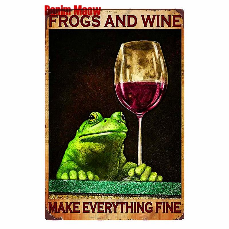 Vintage Turquoise Cat Metal Poster, I Drink Wine Wall Tin Sign, Retro Frogs, Wine Plate for Elf Bar, Pub and Garden Decor, WY52