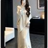 Women's 3D Floral Asymmetric Knit Sweater & Skirt Set Elegant Midi Two Piece Autumn Winter Outfit