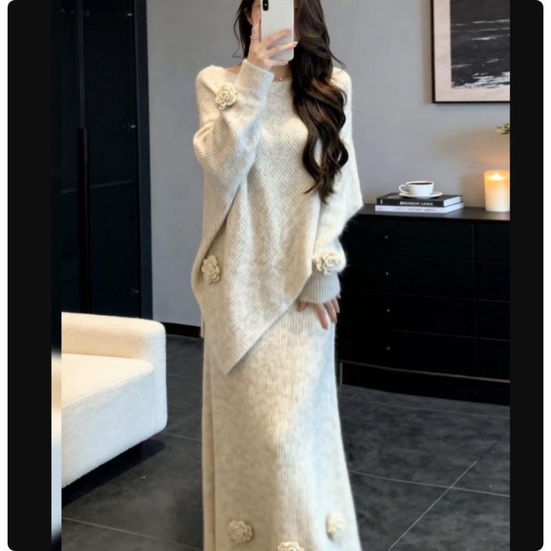 Women's 3D Floral Asymmetric Knit Sweater & Skirt Set Elegant Midi Two Piece Autumn Winter Outfit