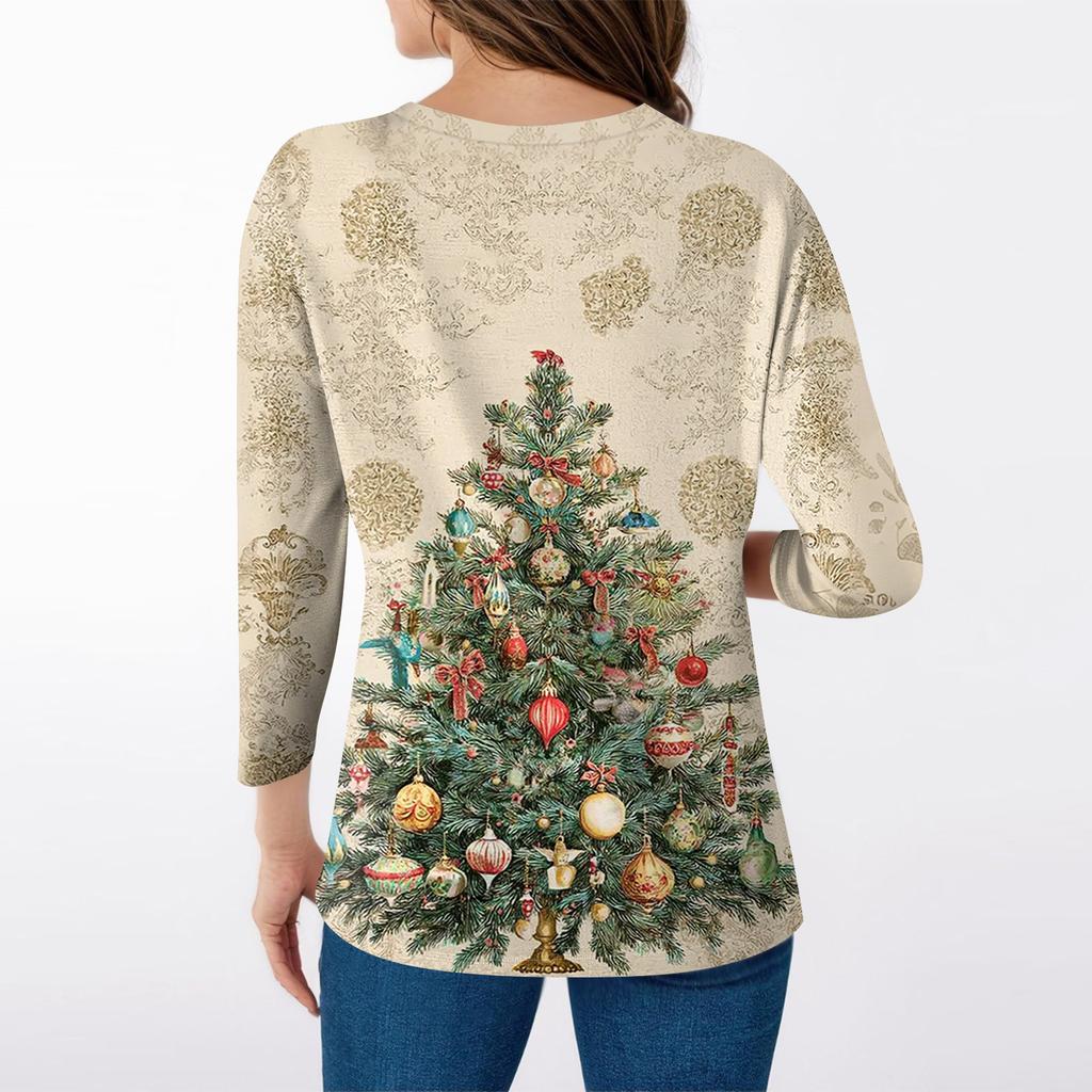 Women's Fashion Casual V Neck 3/4 Sleeve Loose  Printed T-Shirt Ladies Top