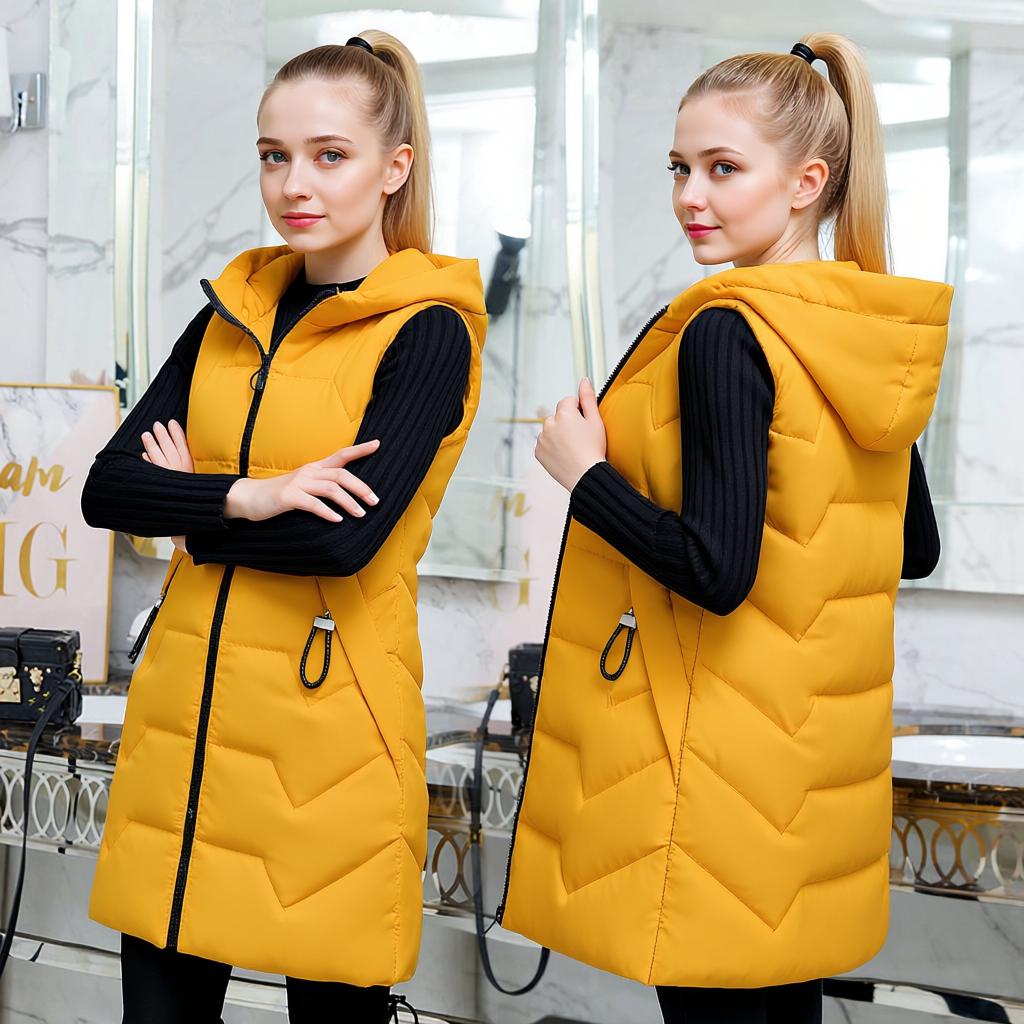 Women s Winter Thick Down Vest with Cotton Hat and Outer Wear Mid-length Vest Jacket L