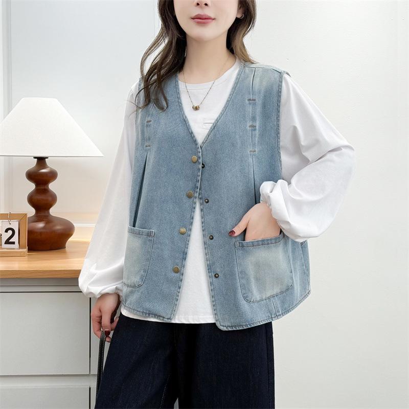 Plus Size Women's V-Neck Denim Vest - Spring/Summer 2026 Slimming Tank for 200 Jin