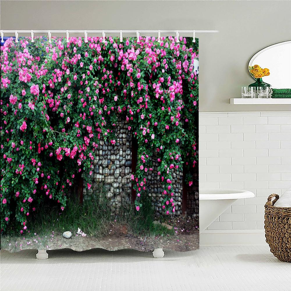 Country Garden Natural Flowers Scenery 3D Print Polyester Fabric Waterproof Shower Curtains Bathroom Curtain 180*200 with Hooks