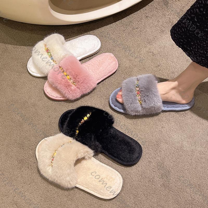 Comemore Plush Slippers Women Soft Black Faux Fur House Cotton Slides Woman Indoor Casual Flat Heel Fur Slippers Women Shoes