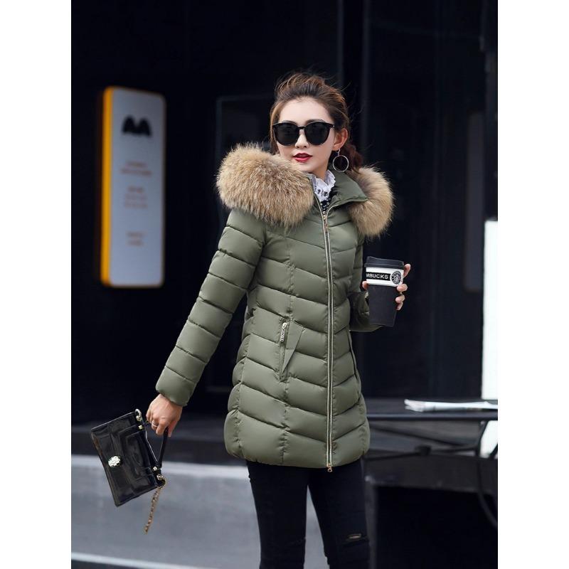 Winter Koreanische Version der Baumwolljacke Damen Mittellang Slim-fit Großer Pelzkragen Daunen Baumwolljacke