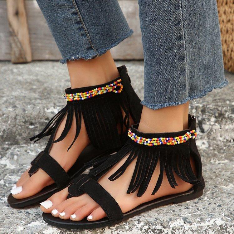 Large Size Retro Famous Style Fashion Flat Sandals Summer New Tassel One Word with Women's Shoes