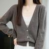 Women's 100% Wool V-Neck Cardigan Sweater - Solid Color, Long Sleeve, Short Jacket for Autumn/Winter
