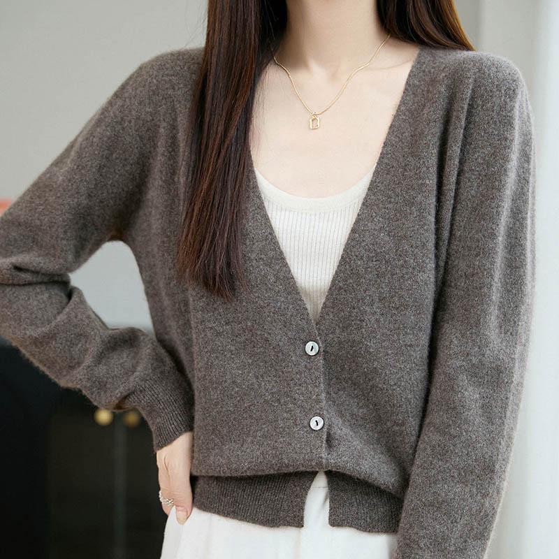 Women's 100% Wool V-Neck Cardigan Sweater - Solid Color, Long Sleeve, Short Jacket for Autumn/Winter