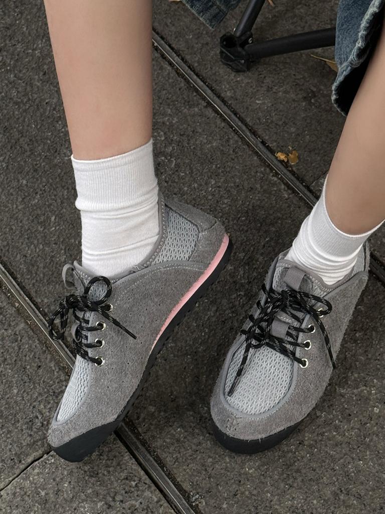 Vintage Suede Mesh Sneakers for Women Breathable Lightweight Casual Lace-Up Shoes with Rubber Sole