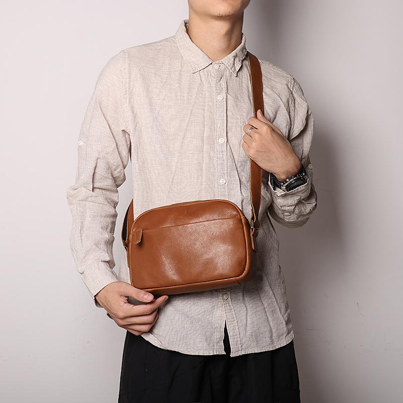 Stylish And Simple Leather Men'S Bag Men'S Cowhide Literary Small Shoulder Bag Women'S Oblique Span Small Square Bag