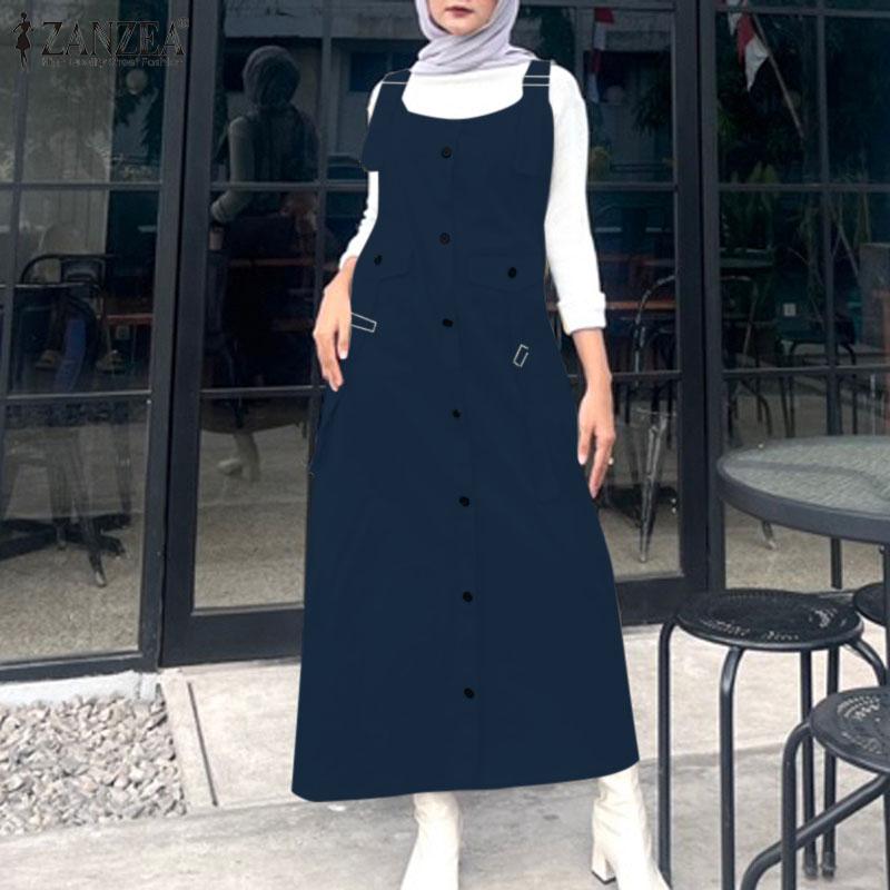 ZANZEA Women Casual U Neck Loose Sleeveless Straps Overalls Dress