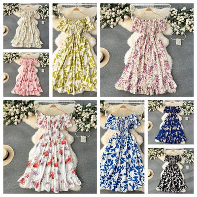 Women's Summer Spring Dress with Open Shoulders and Short Sleeves To Waist with Floral Print and High Waist Ankle Length