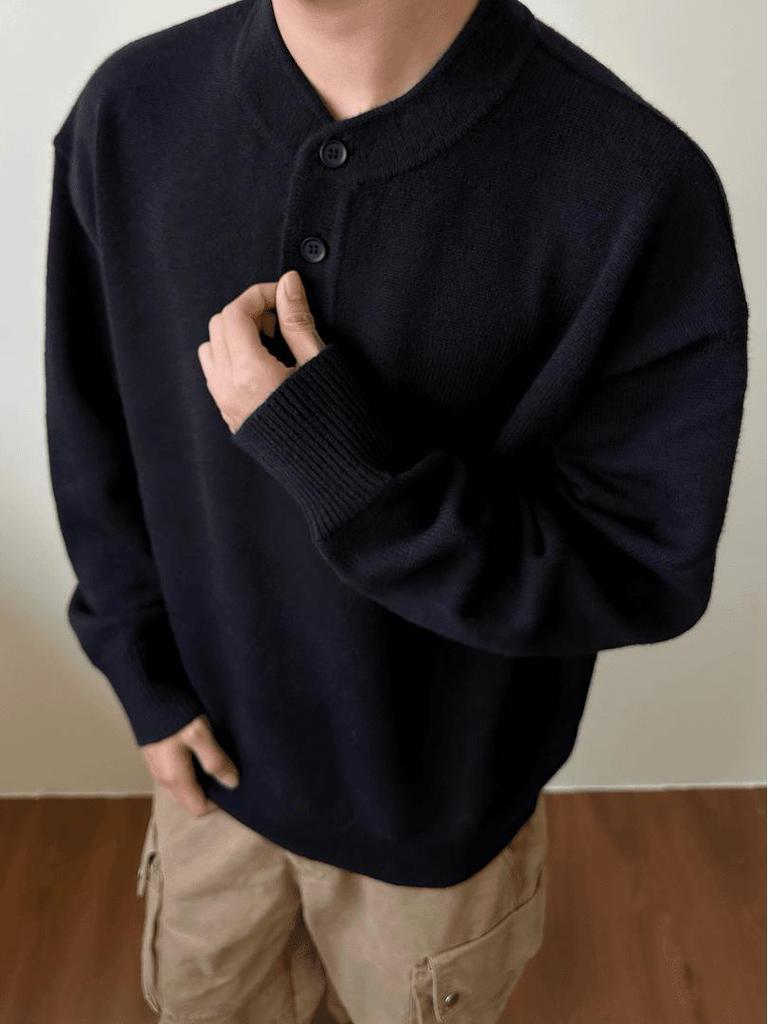 Grauer Henley-Kragen Pullover für Herren: Hochwertige Strickwaren für Frühling/Herbst, Lässiger Schnitt, Saubere Oberbekleidung.