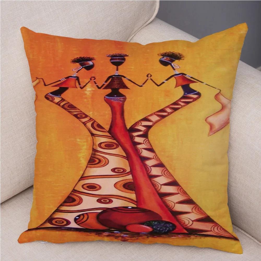 African Woman Soft Plush Cushion Cover for Sofa Home Decor Orange Abstract Painting Pillow Case Africa Life Collection Pillowcae