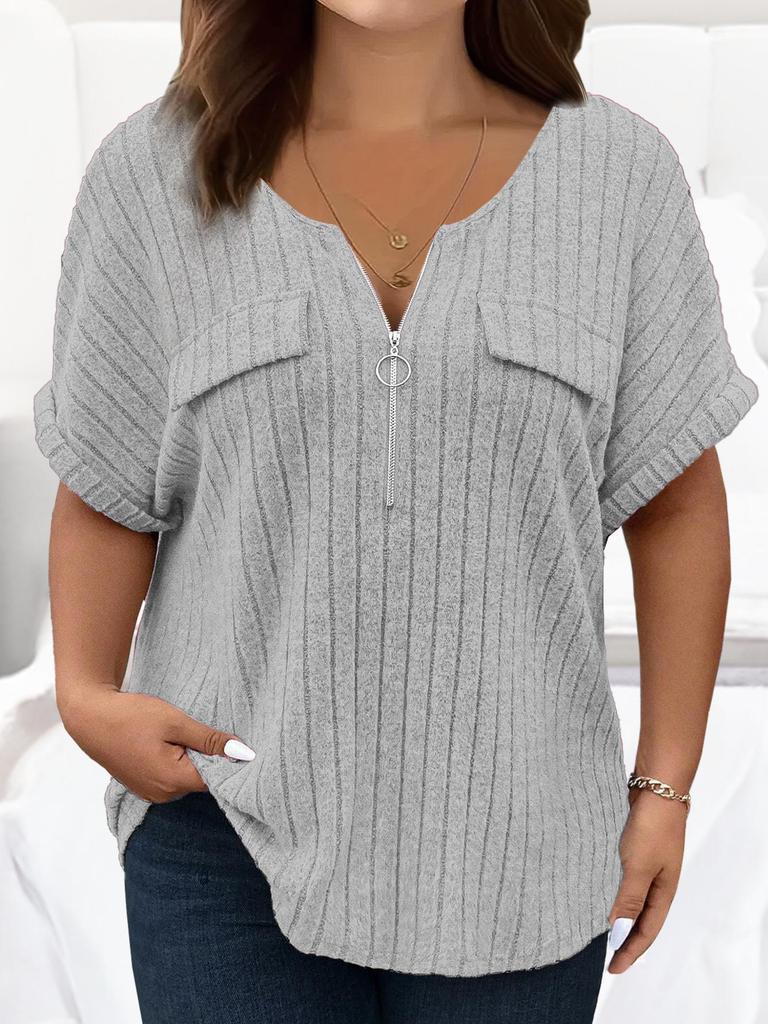 2025 Spring/Summer Plus Size Women's Solid Color Zipper Short Sleeve Loose Pullover Top