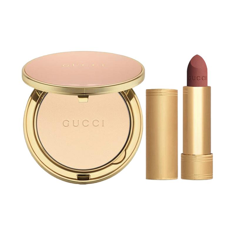 Gucci Golden velvet lipstick rose gold powder makeup set oil control long-lasting + Powder #01 + Gold Tube Lipstick #208