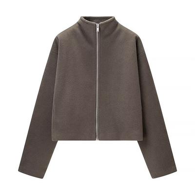 Vintage Stand Collar Women's Cropped Jacket Zipper Loose Full Sleeve Thick Warm Coat Autumn Winter Lady New In Outwear
