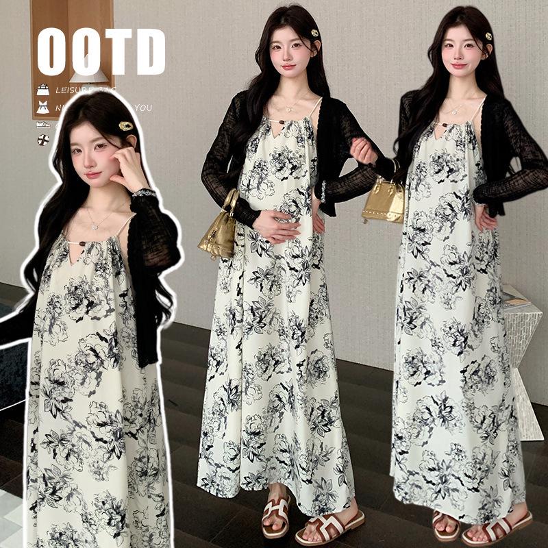2026 Summer Maternity Set: Sweet Sun Protection Cardigan + Printed Vacation-Style Dress M