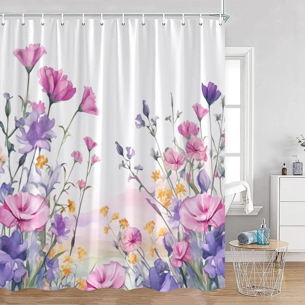 Watercolor Flowers Floral Shower Curtains Butterfly Greenery Plants Nature Home Decor for Bathroom Polyester Fabric Bath Curtain