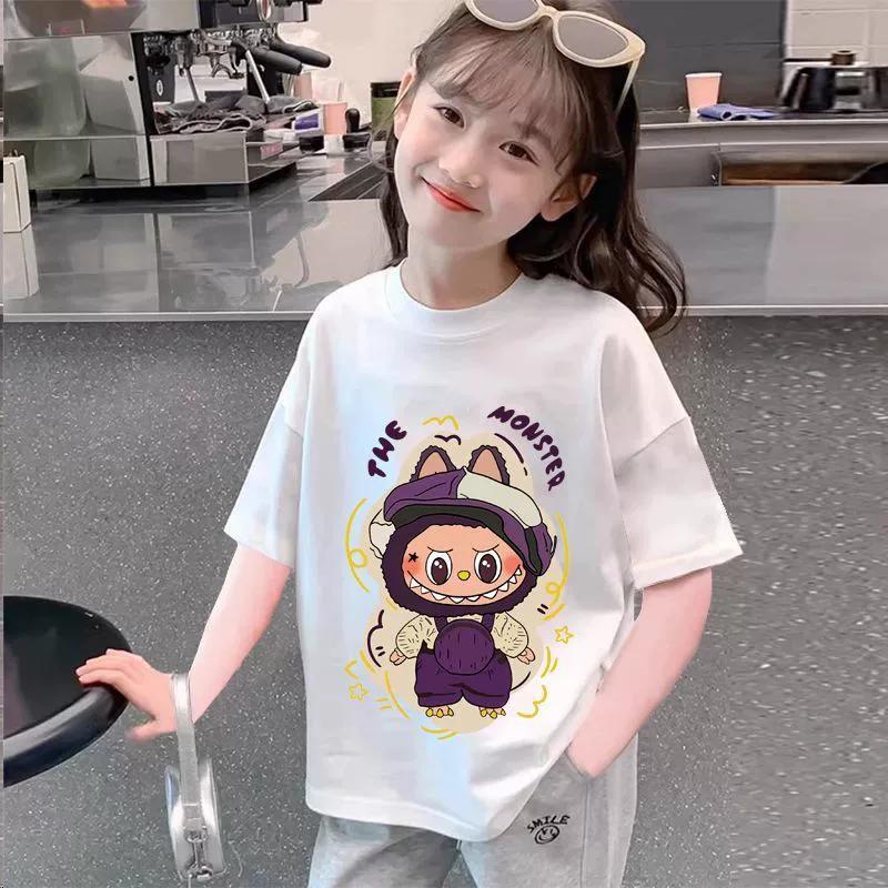 Camiseta Infantil Estampada Desenho Animado Elfo Monstro Labubu Verão Casual Feminina para Exterior Menina Manga Curta