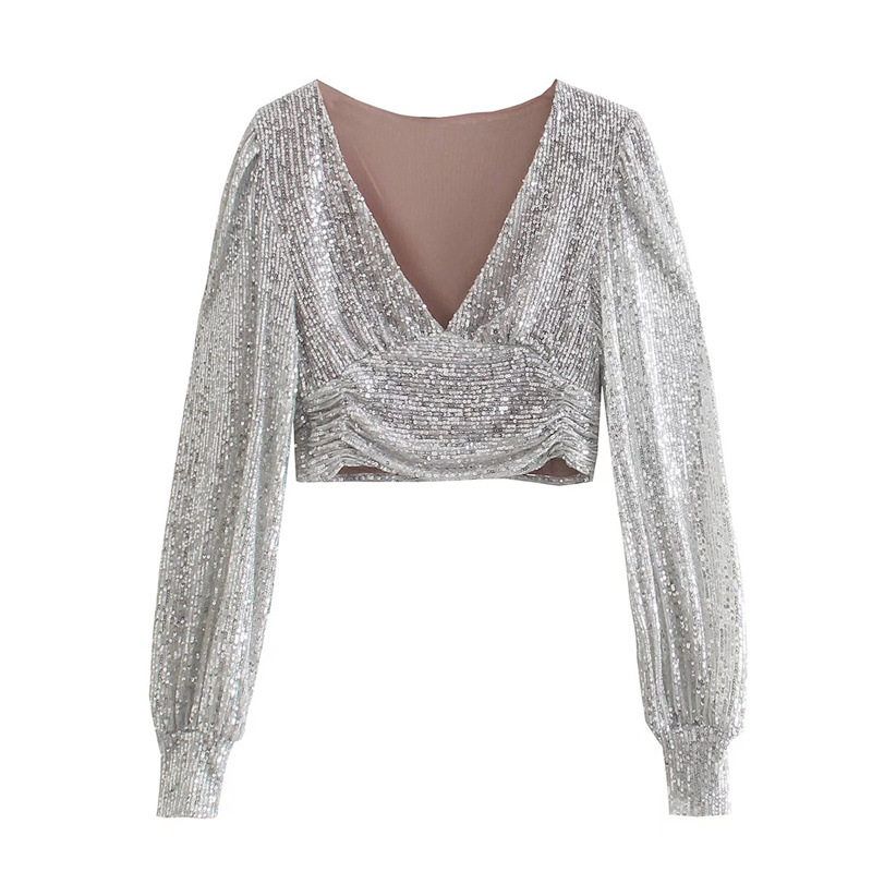Foreign Trade Women s Clothing Fashion Style Tops 2023 Summer New Arrival Party Tarpaulin Sleeve Sequin Deep V Neck Short Blouse for Women Picture Color S