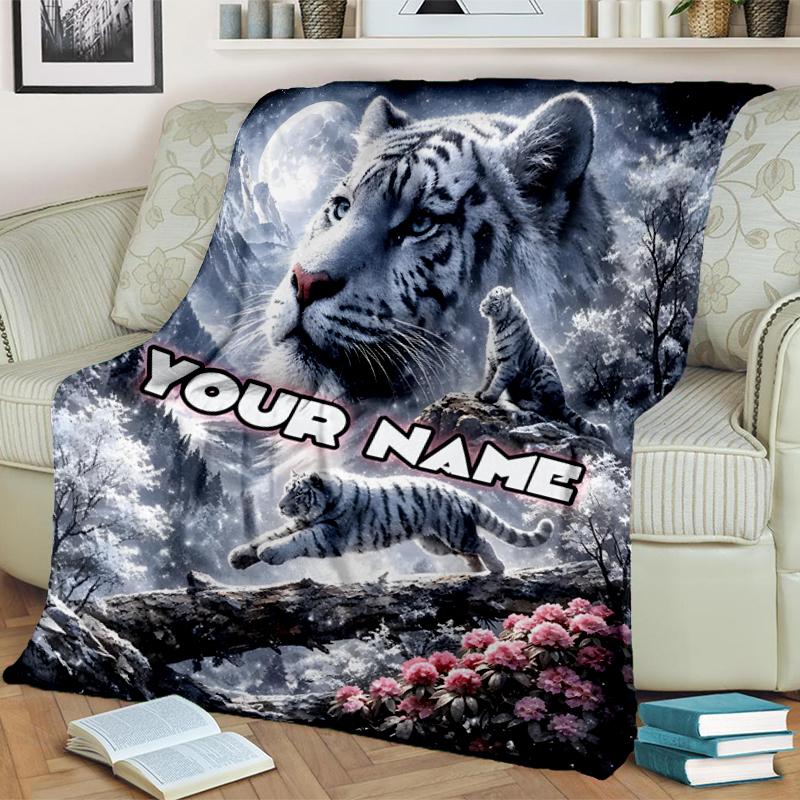 1PC Custom Name White Tiger Snowy Landscape Outdooor Flannel Blankets Throw Blanket All-Season Throw Gift Bedspread for Couch, Bed, Camping Holiday Bi