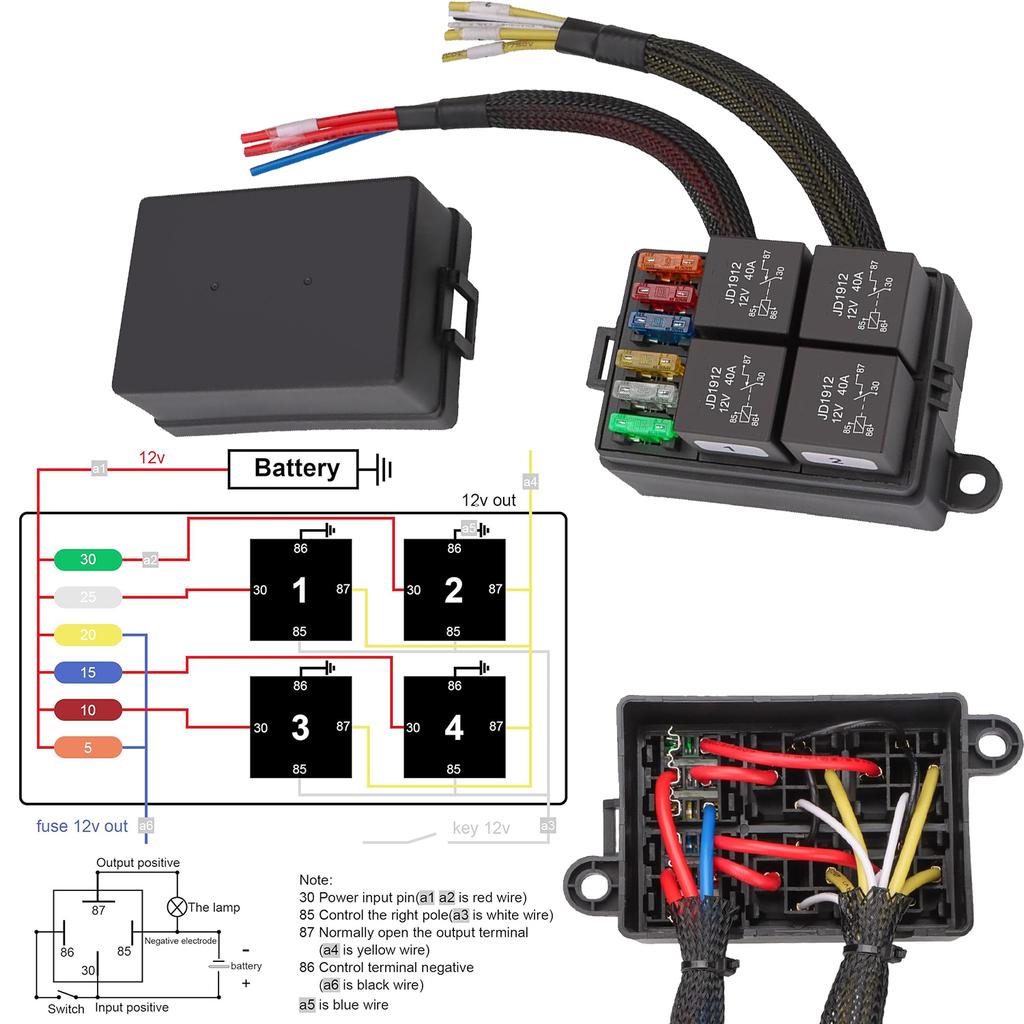 Pre-Wired Fuse Relay Box, 2/3/4/6 Way 4-Pin 40A Relay Block Kit, for Cars Truck Marine Boat Jeep