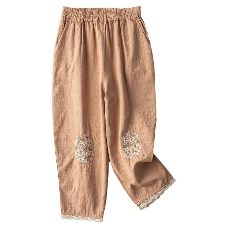 Pantaloni Harem in Lino di Cotone Ricamato da Donna, Pantaloni Estivi in Lino Artistici Larghi Casual Corti