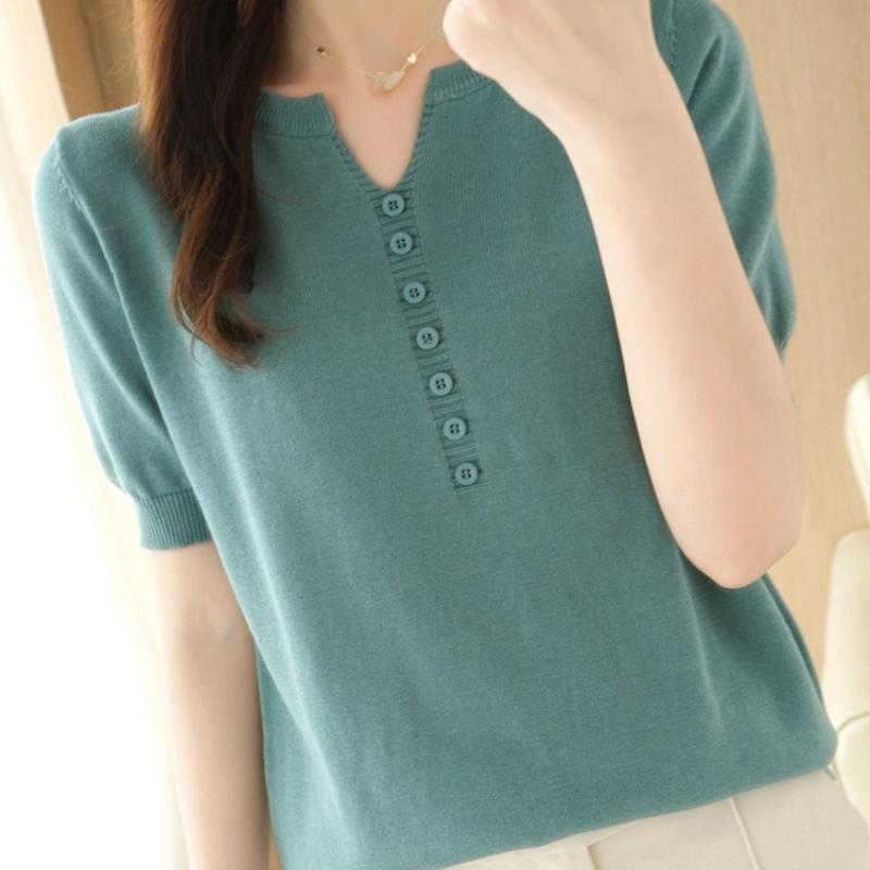 IHUASU Women's Summer Thin New Solid Colour Line Short Sleeve Knitted T-Shirt V-Neck Pullover Loose Half Sleeve Vest Top Cotton Line T-shirt