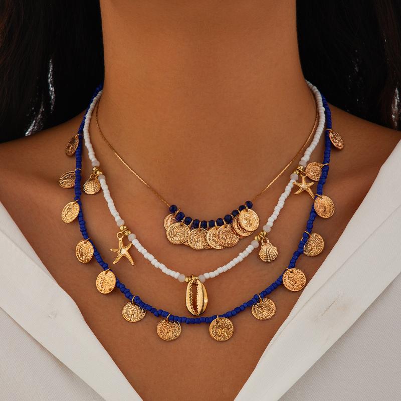 Beach Beaded Necklace Imitation Pearl Necklace Starfish Shell Retro Holiday Resin