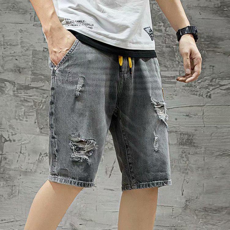 Pánské trendy roztrhané džínové šortky 2007: Elastický pas, Volný střih, Střední délka, Styl pěti bodů.