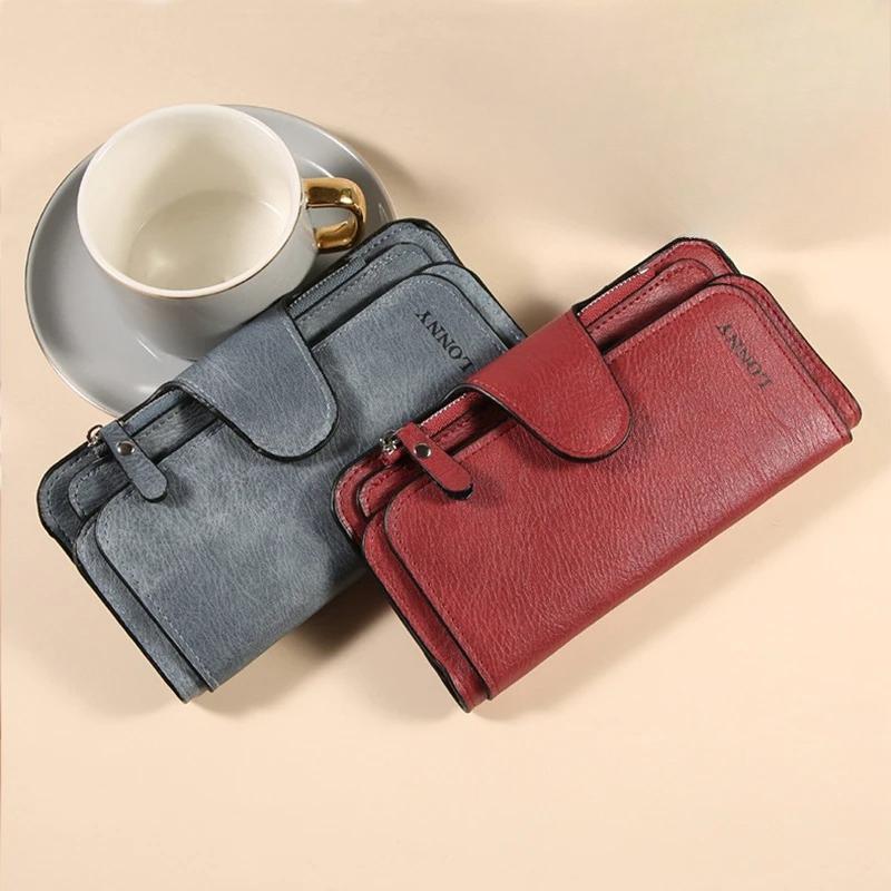 Women Long Wallet Money Clip PU Leather 3 Fold Women's Wallets Clutch Color Blocking Retro Coin Purse Card Holder