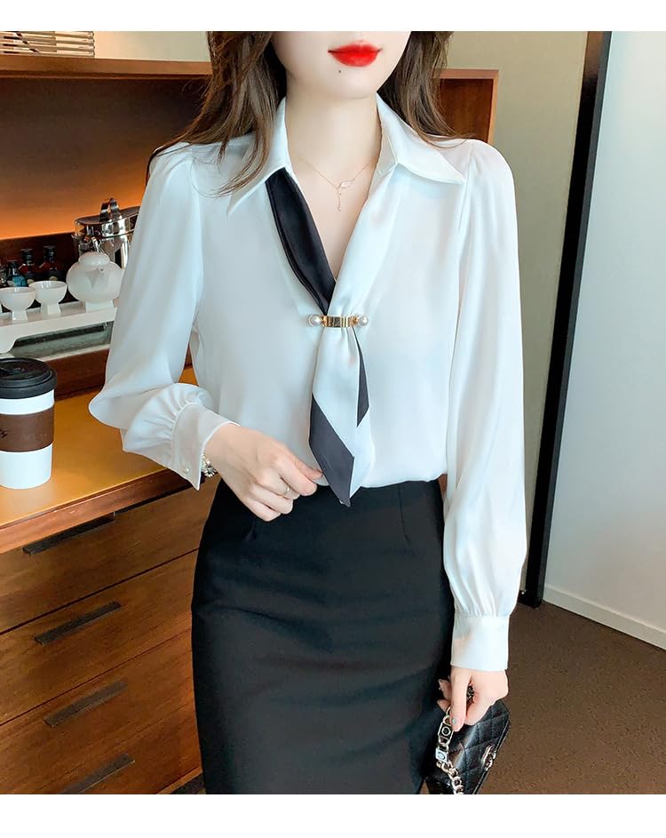 Fairy Stone Long Sleeve Chiffon Blouse with Ribbon and Solid Casual and Size Women's V-Neck, Color, Formal, B-53 (L, White)
