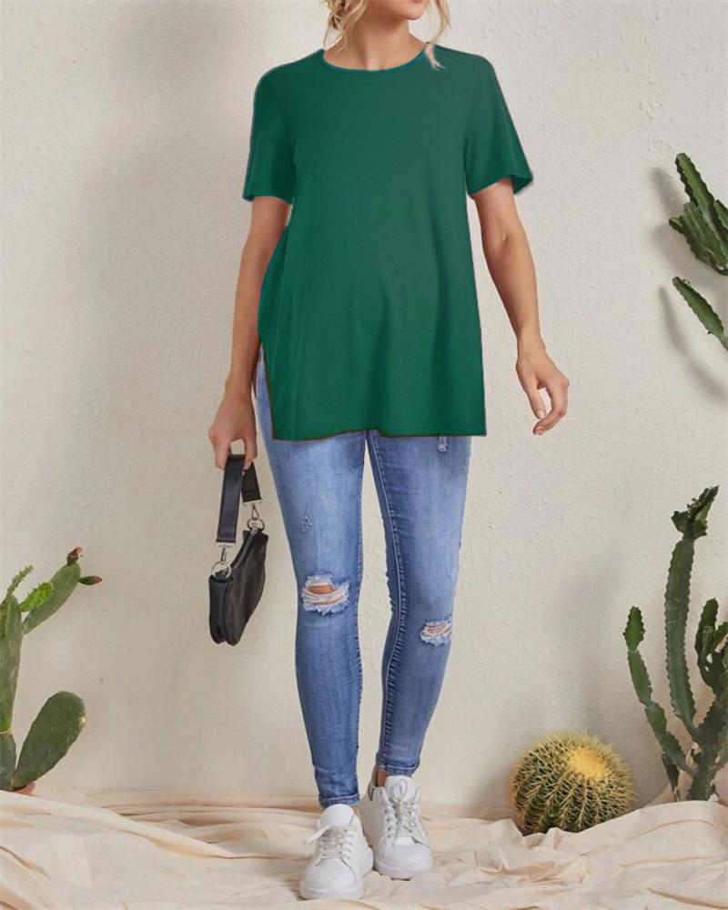 Nové těhotenské ležérní jednobarevné topy Sto kulatý výstřih s rozparkem Těhotenské oblečení topy s krátkým rukávem