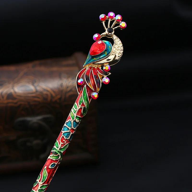 Retro Women Enamel Crystal Peacock Hair Stick Pin Chinese Style Handmade Accessories Ladies Gentle and Elegant Jewelry Headwear