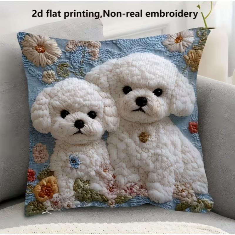 2D Platte Print Bichon Frise Met Bloemen Borduurpatroon Schattige En Warme Stijl Kussensloop, Niet-Echt Borduurwerk Woondecoratie