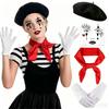 Conjunto de Fantasia de Palhaço Mímico para Festa de Halloween Com Chapéu Luvas Meias Suspensórios Lenço Role Play Adulto