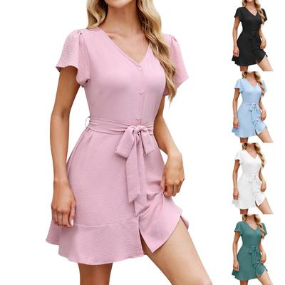 Rochie cu mânecă scurtă cardigan cu nasturi, cu decolteu în V, la modă pentru femei